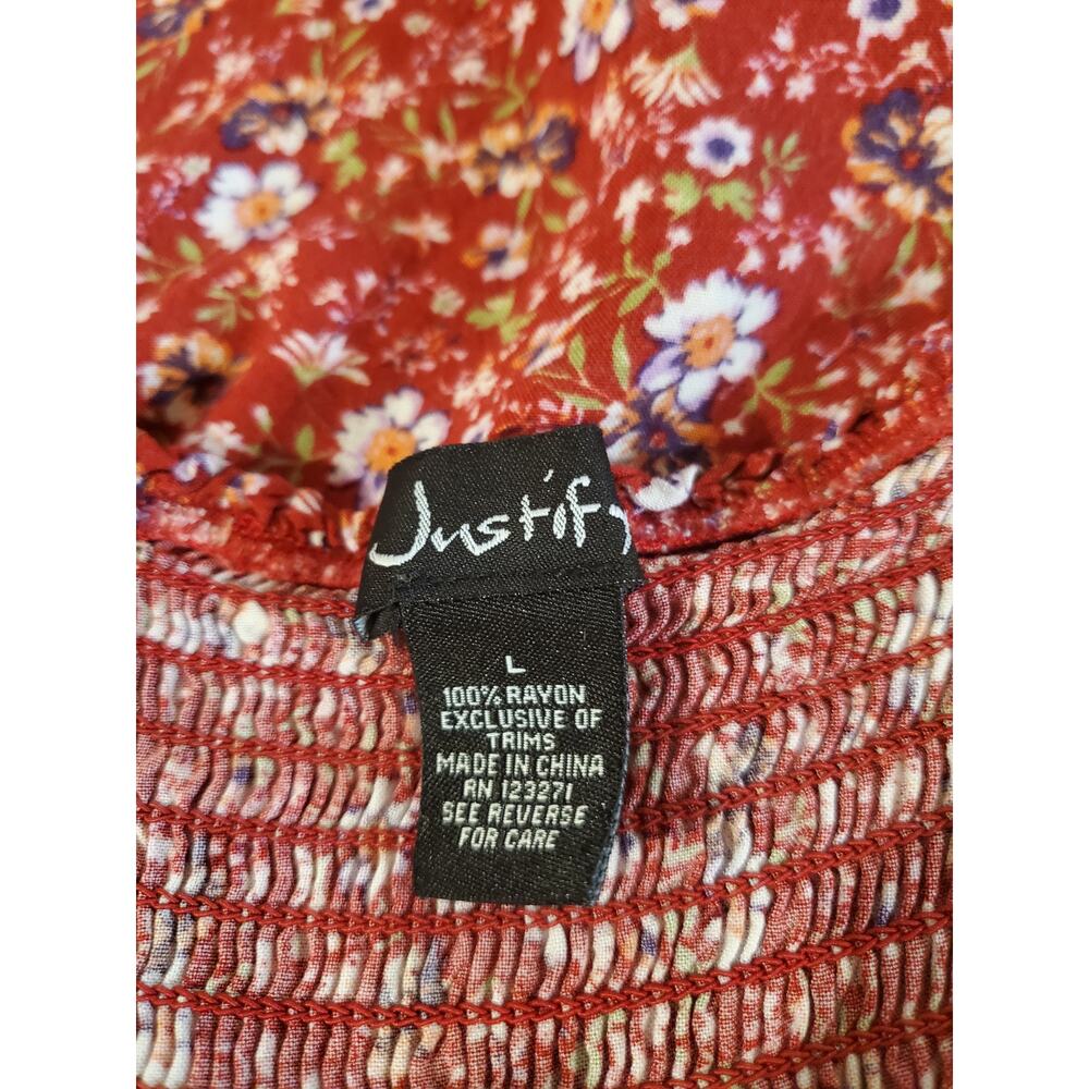 Vtg 90s Y2K Justify Floral Smocked Button Dress Junior Sz L Red Cottage Pockets - Picture 8 of 12